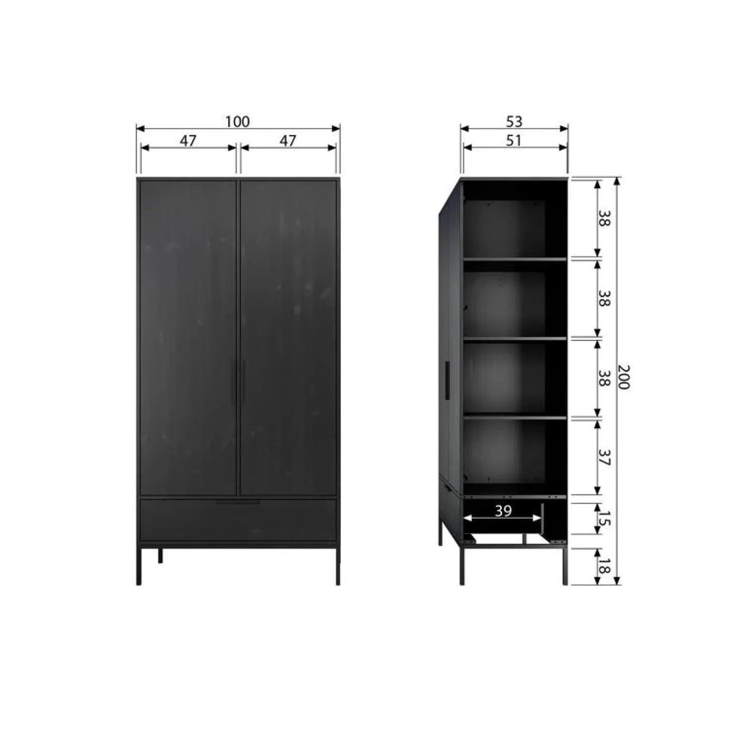 Adam 2-deurs Kledingkast grenen zwart 100cm