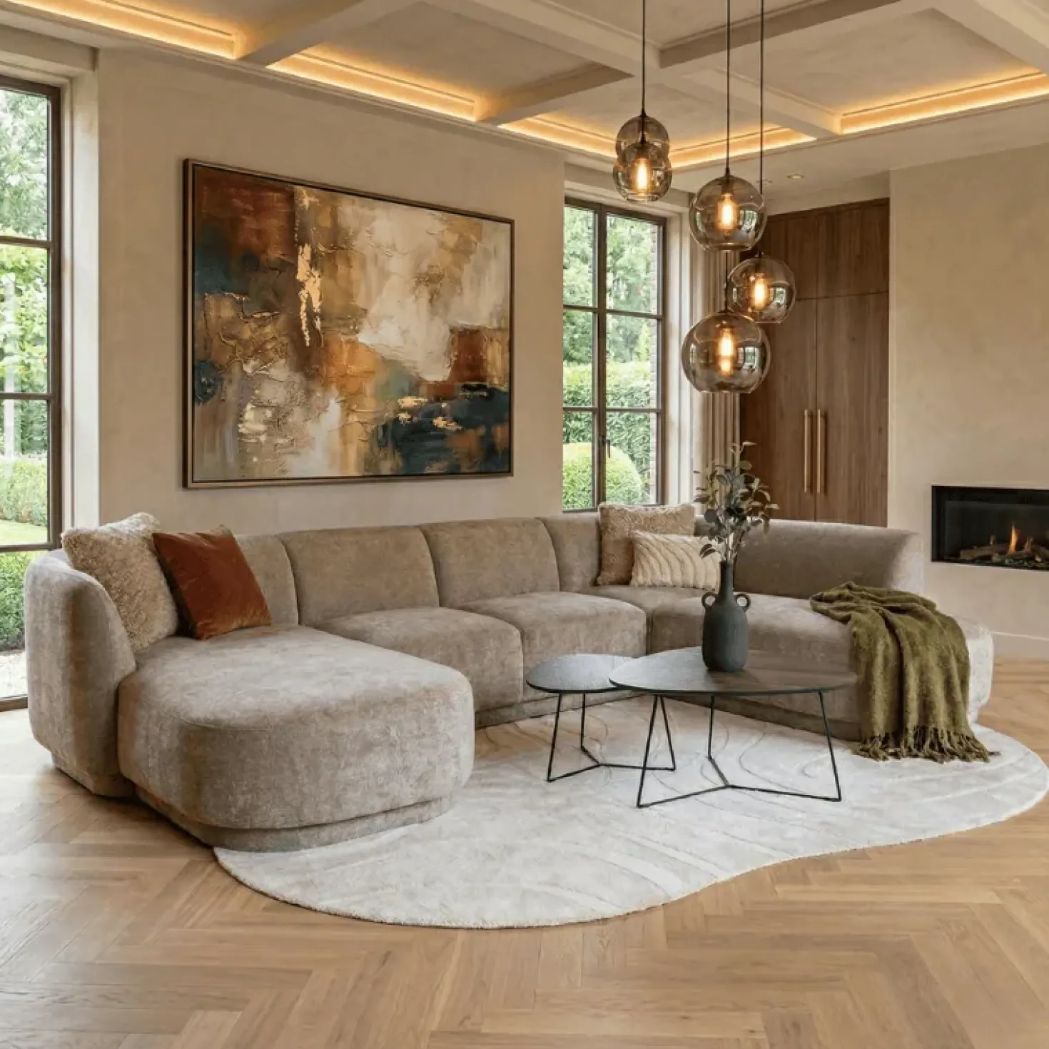 Bank Ziva (Divan rond links+2-zits zonder armen+Longchair rond rechts)