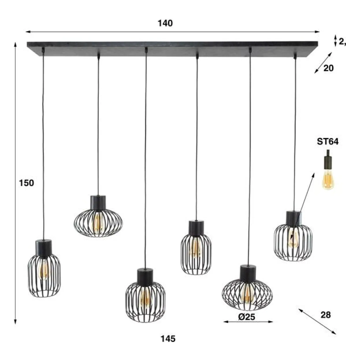 Cage 6-lichts Hanglamp Charcoal zwart