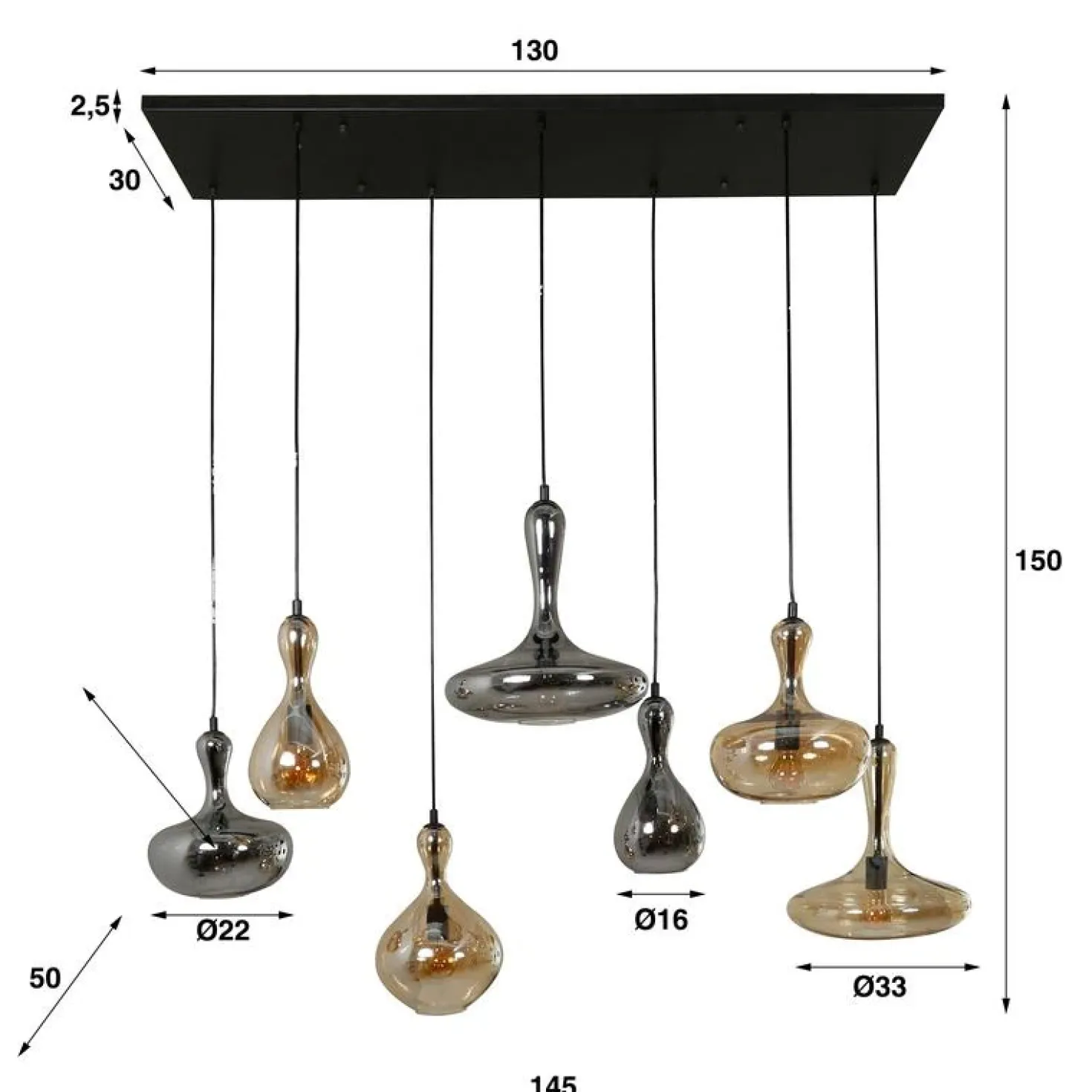 Chloe 7-lichts glazen hanglamp