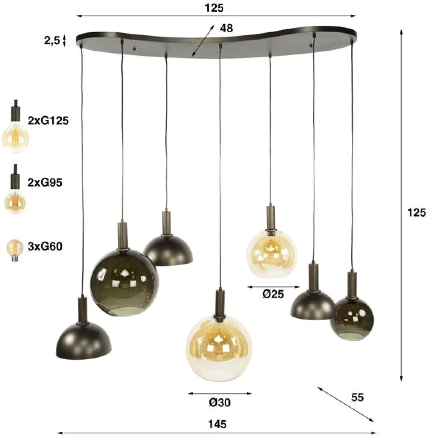 Clemenza 7-lichts Hanglamp Bruin/Amber