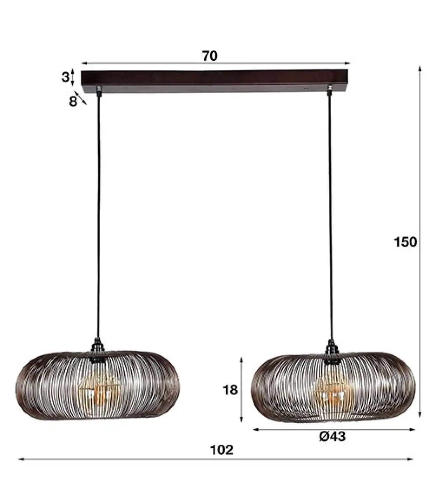 Conli 2-lichts hanglamp zwart nikkel/ koper