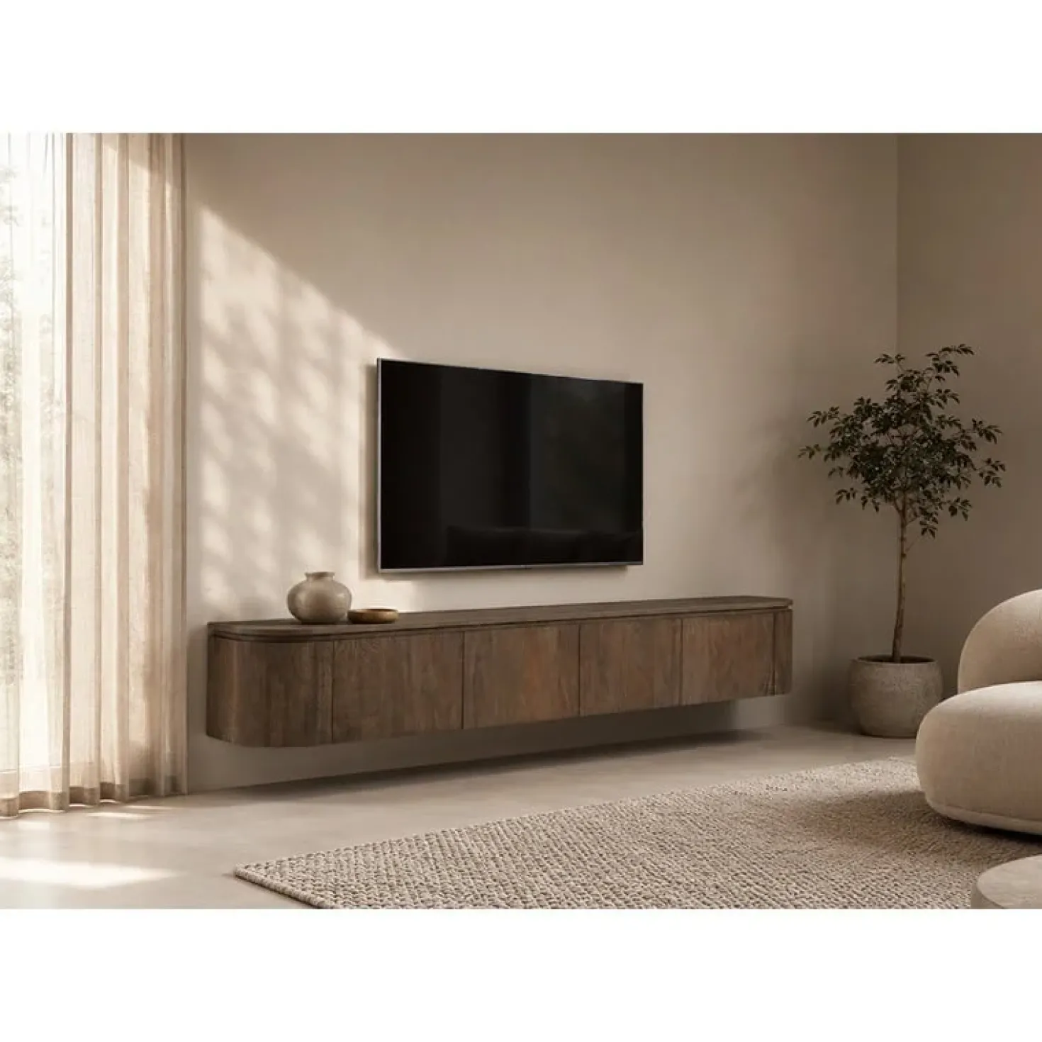 Cortez Zwevend Tv meubel rond walnoot 180cm