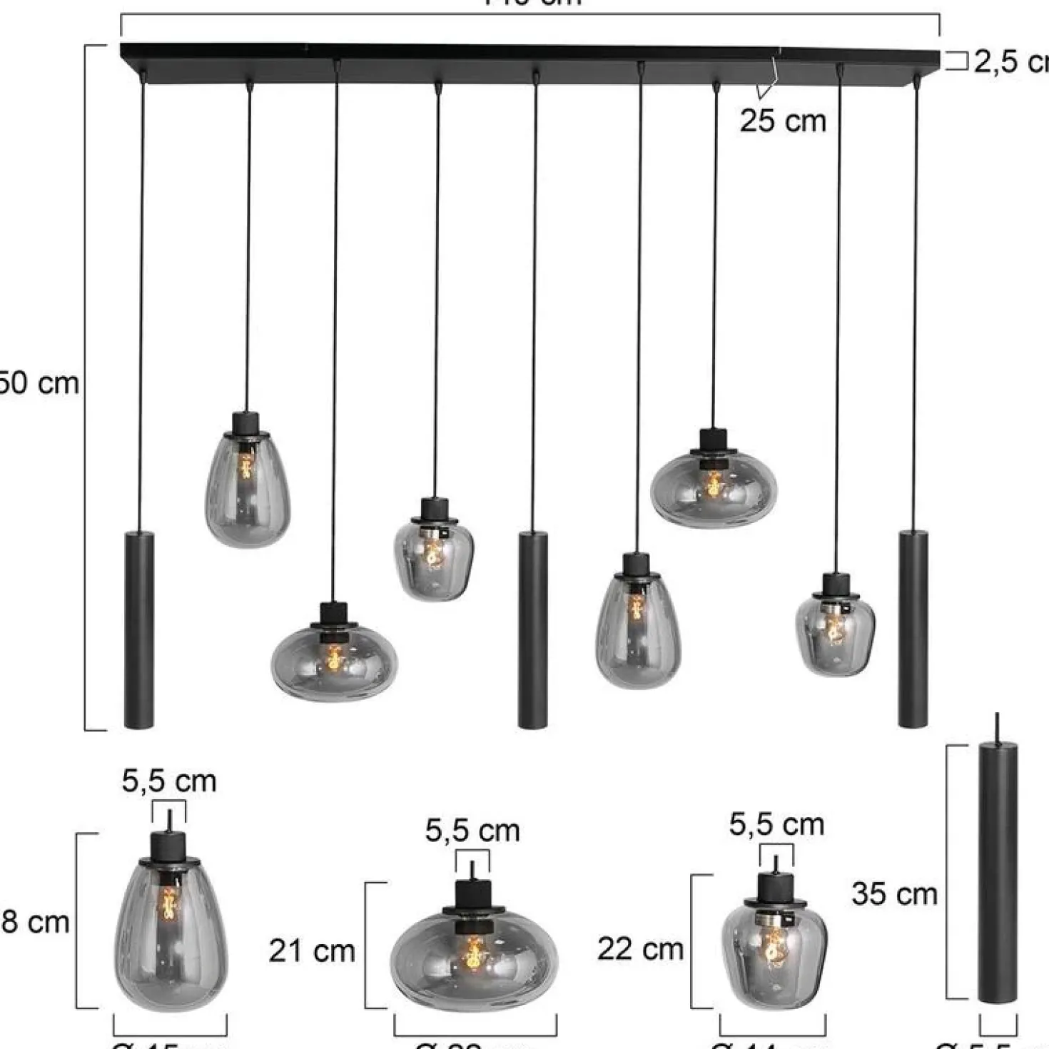 Curtis 6+3 lichts Hanglamp Smoke