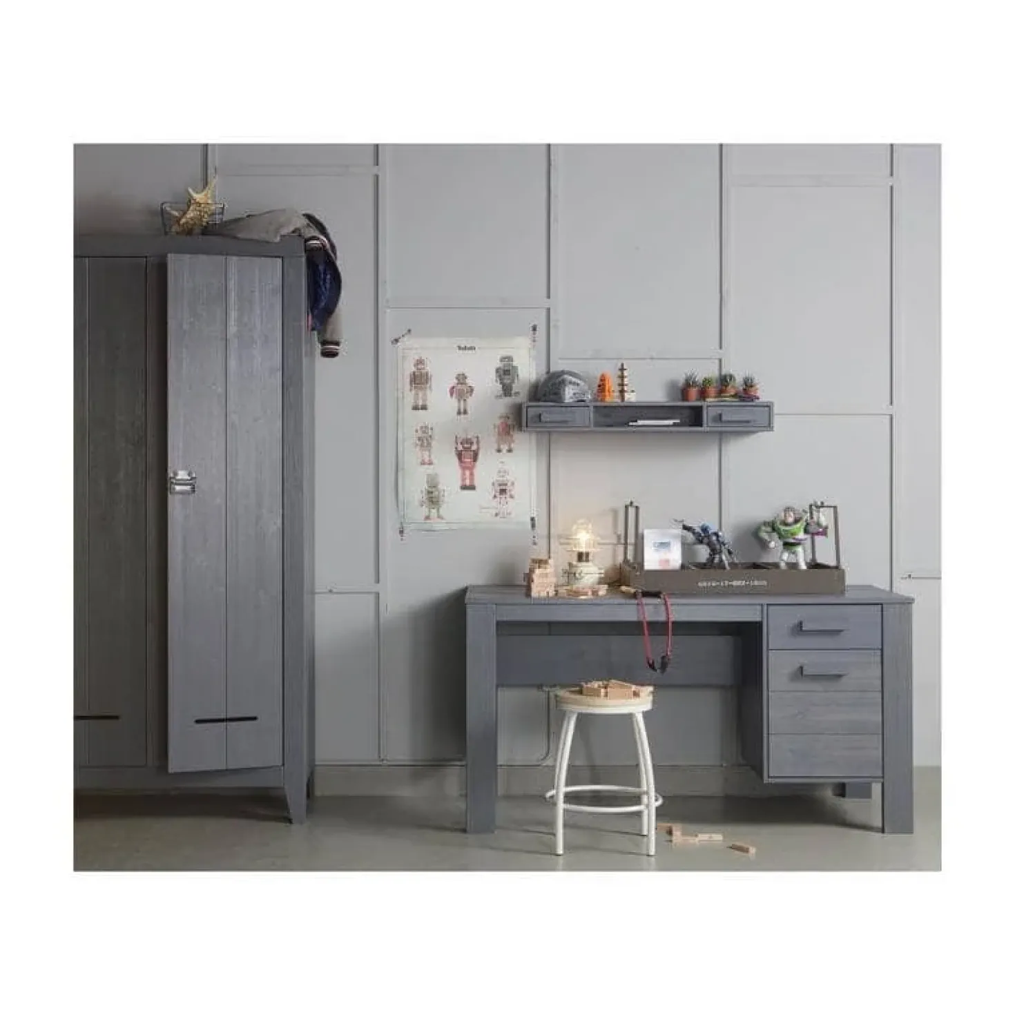 Dennis Bureau grenen grijs steel 141cm