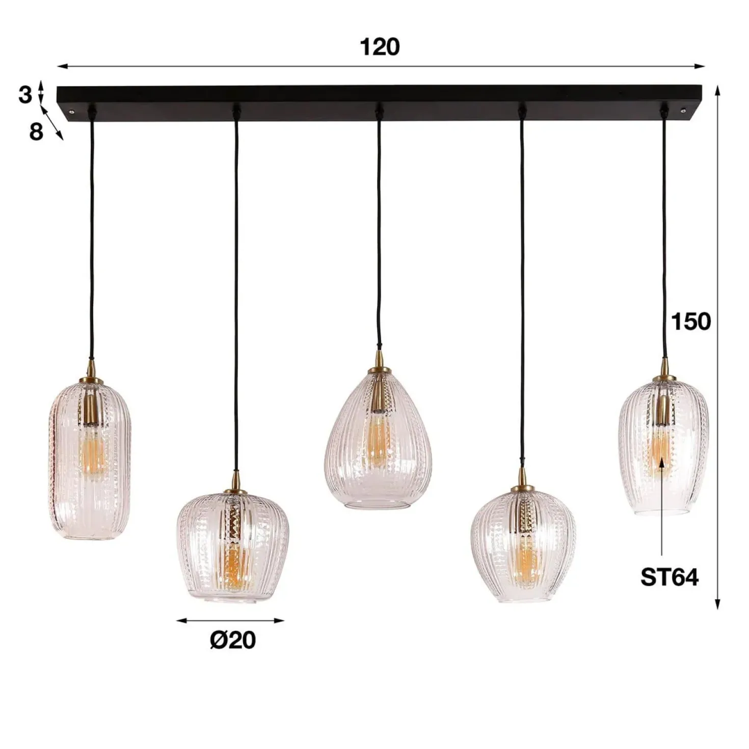 Denzel Glazen Hanglamp 5 lichts 120cm