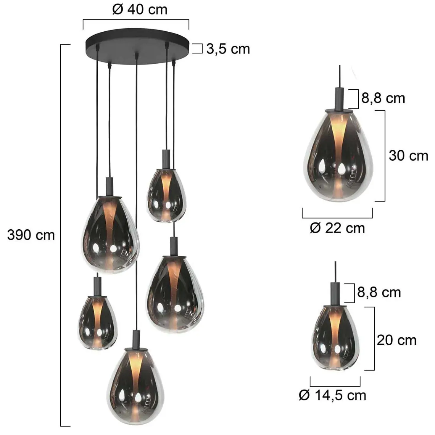 Edgar 5-lichts getrapte Hanglamp Smoke Glas