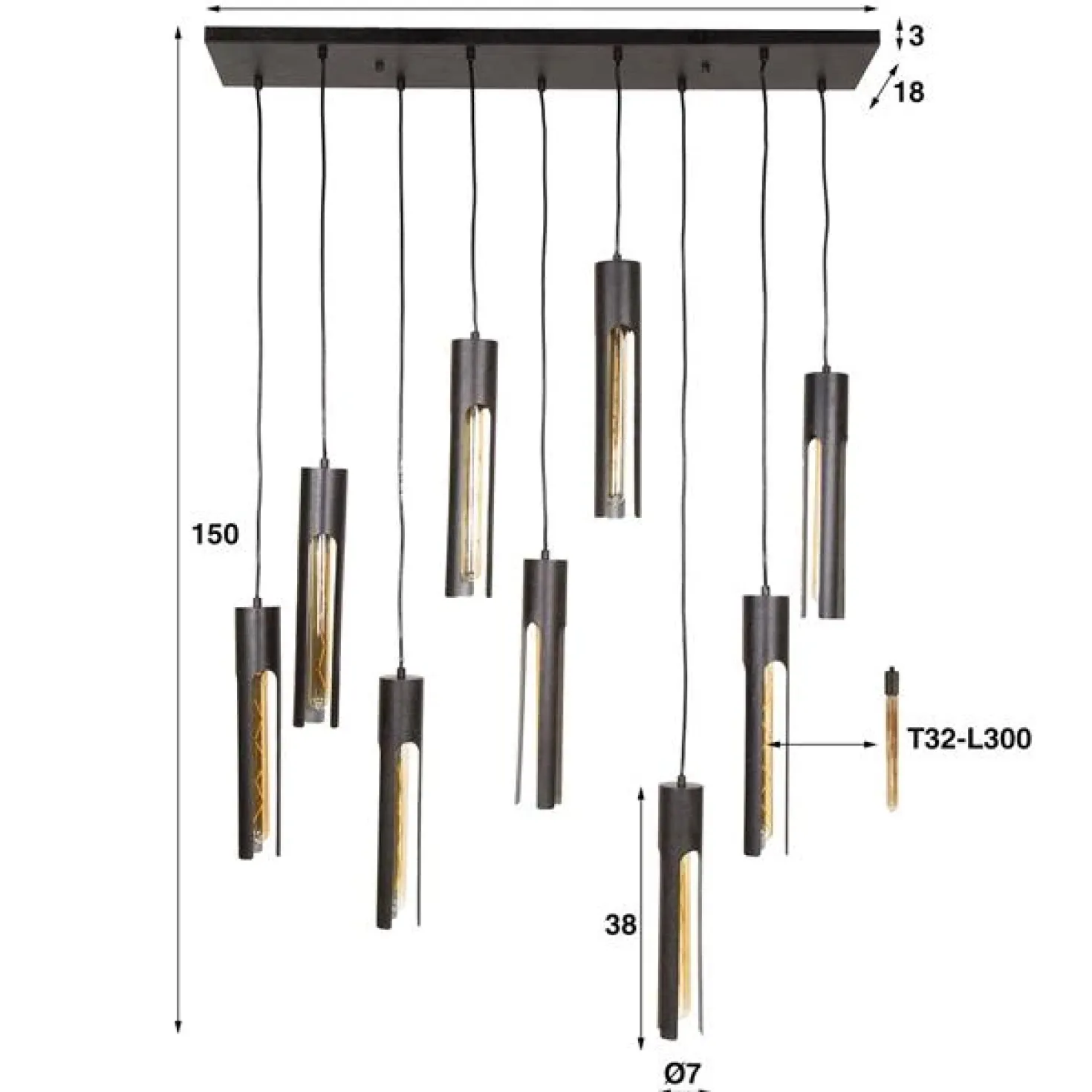 Elvira 9-lichts Hanglamp getrapt Zwart