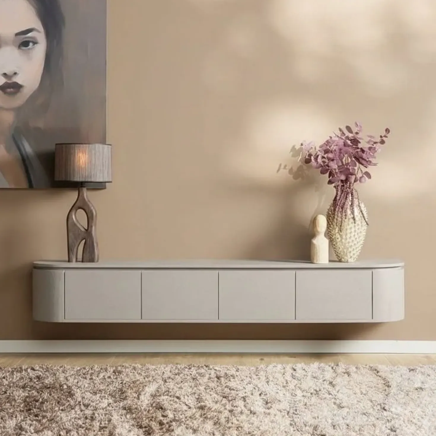 Evi Zwevend Tv meubel Taupe Mangohout 200cm