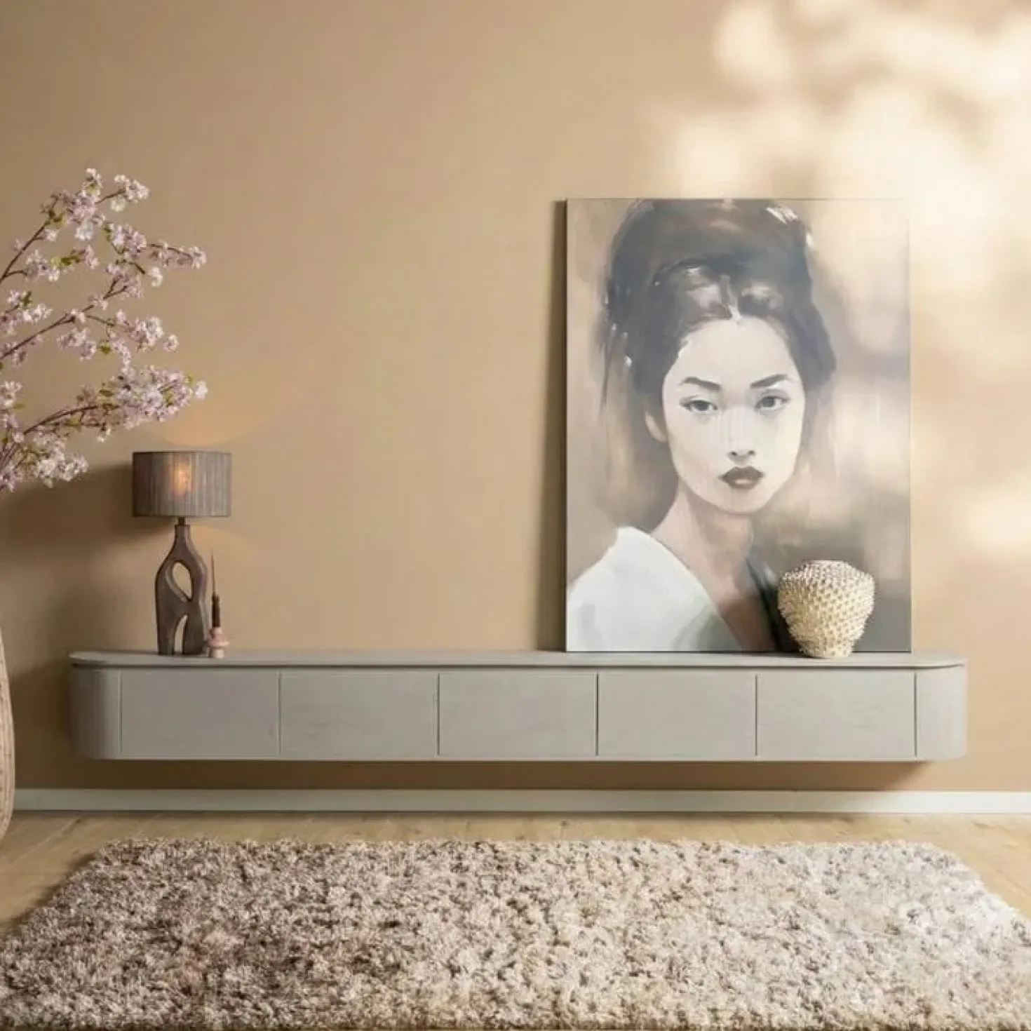 Evi Zwevend Tv meubel Taupe Mangohout 280cm