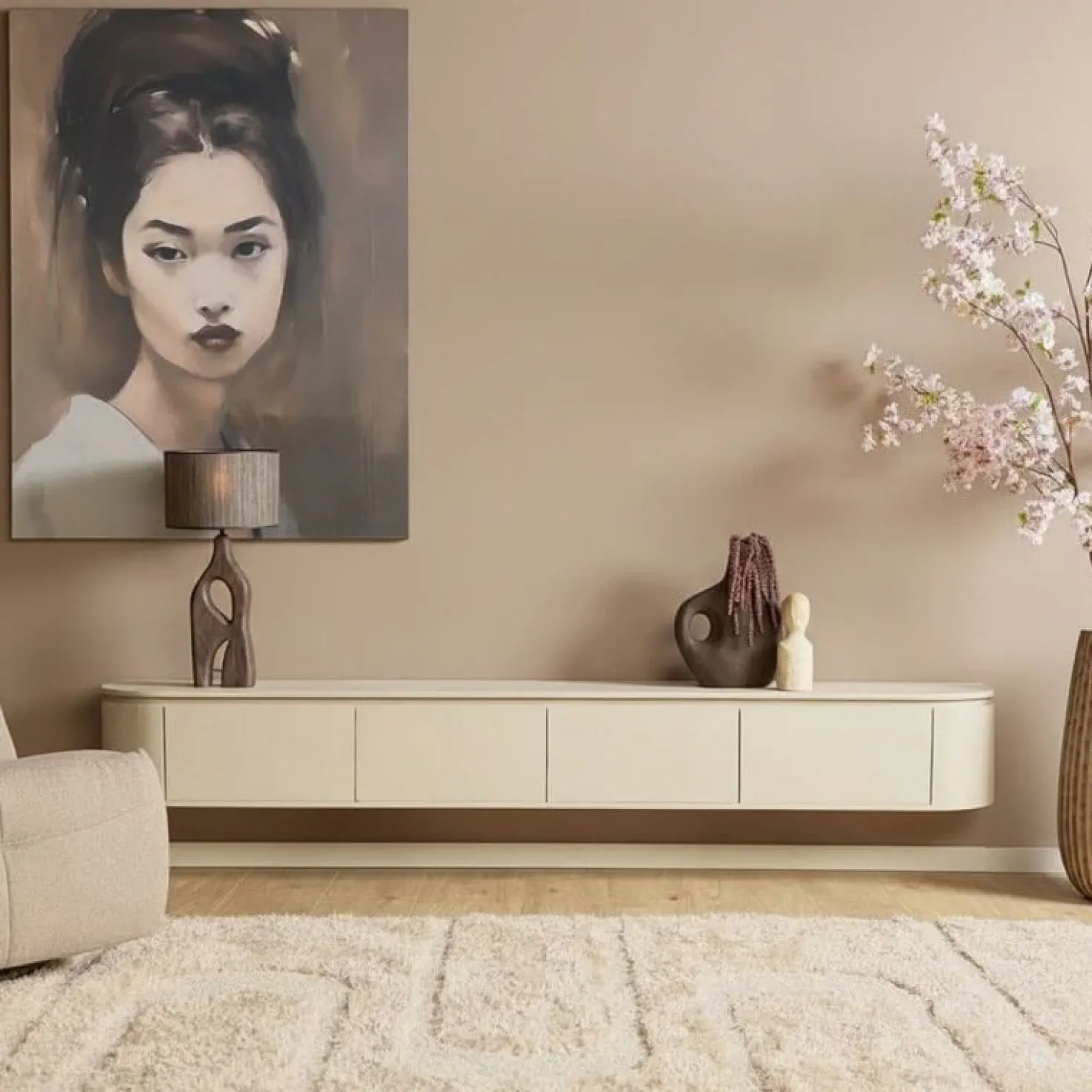 Evi Zwevend Tv meubel Zand Mangohout 240cm