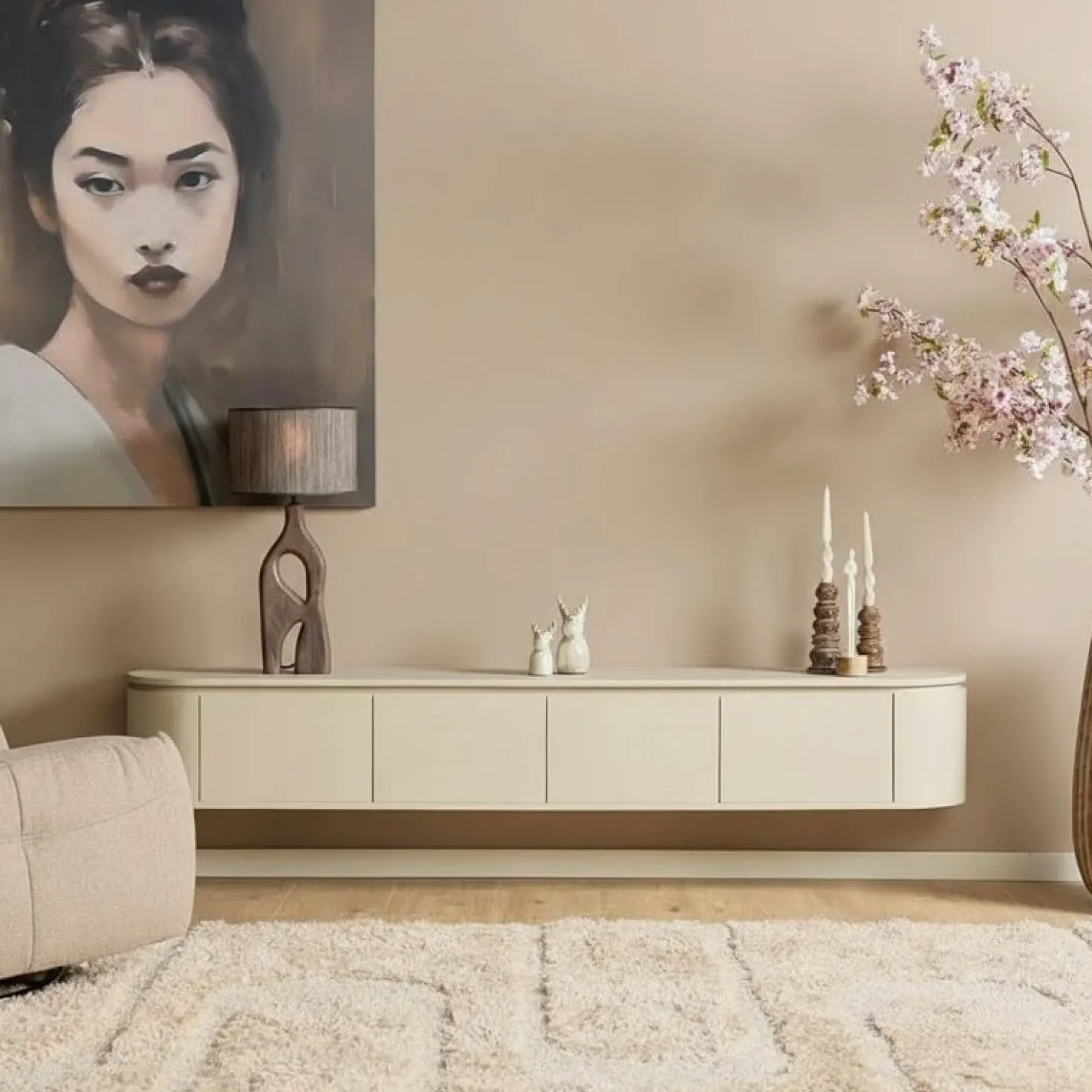Evi Zwevend Tv meubel Zand Mangohout 200cm