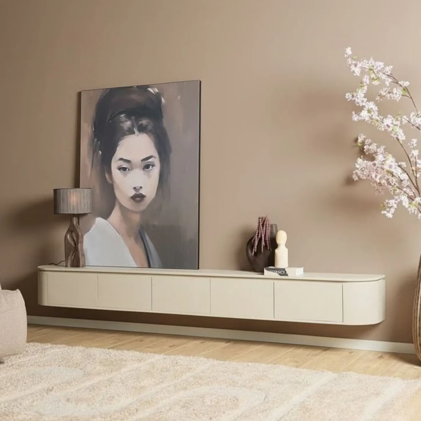 Evi Zwevend Tv meubel Zand Mangohout 280cm