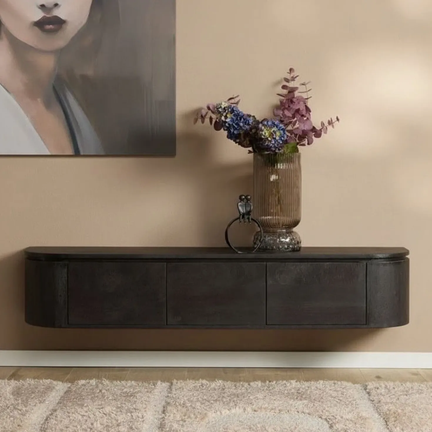 Evi Zwevend Tv meubel Zwart Mangohout 160cm