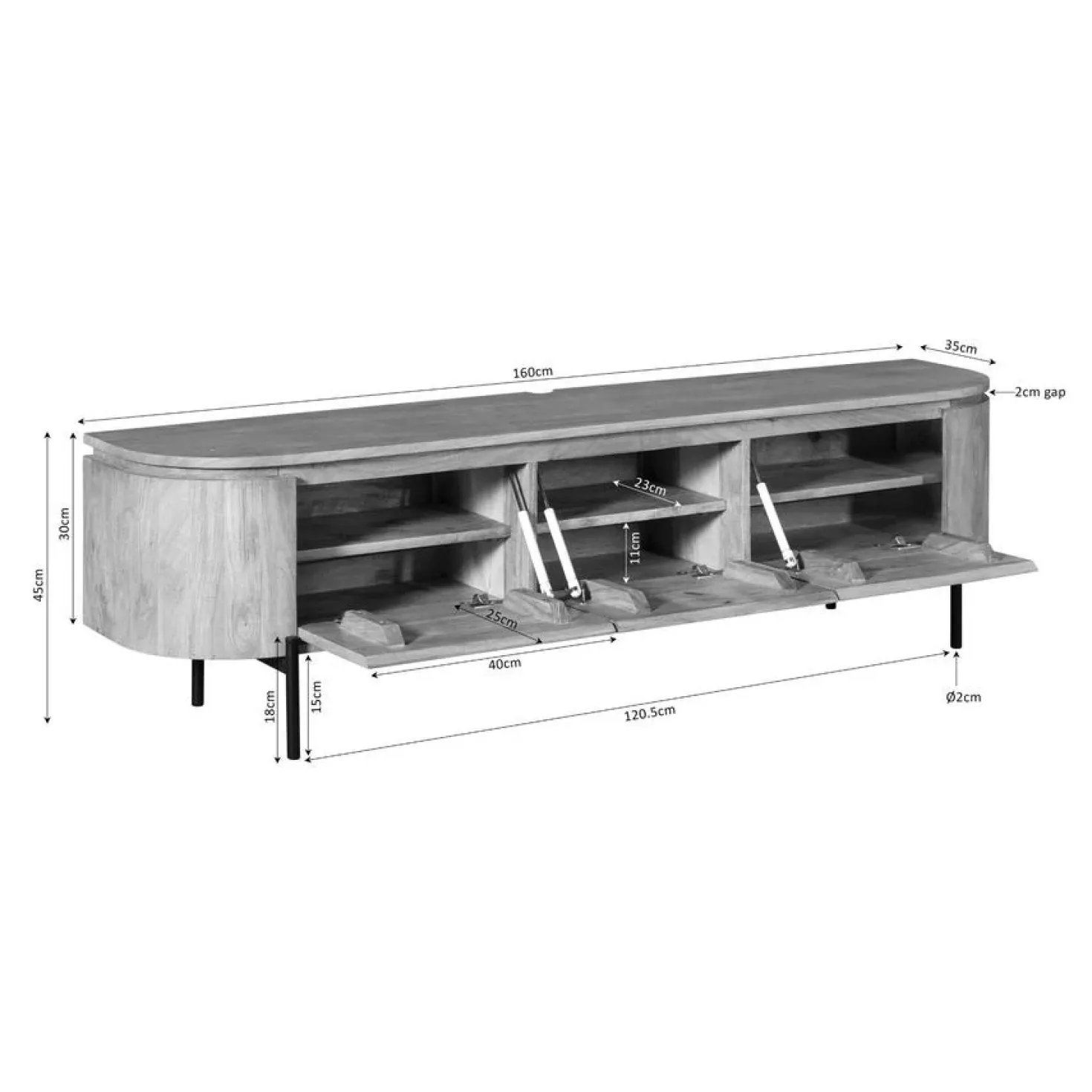 Evi Zwevend Tv meubel Zwart Mangohout 160cm