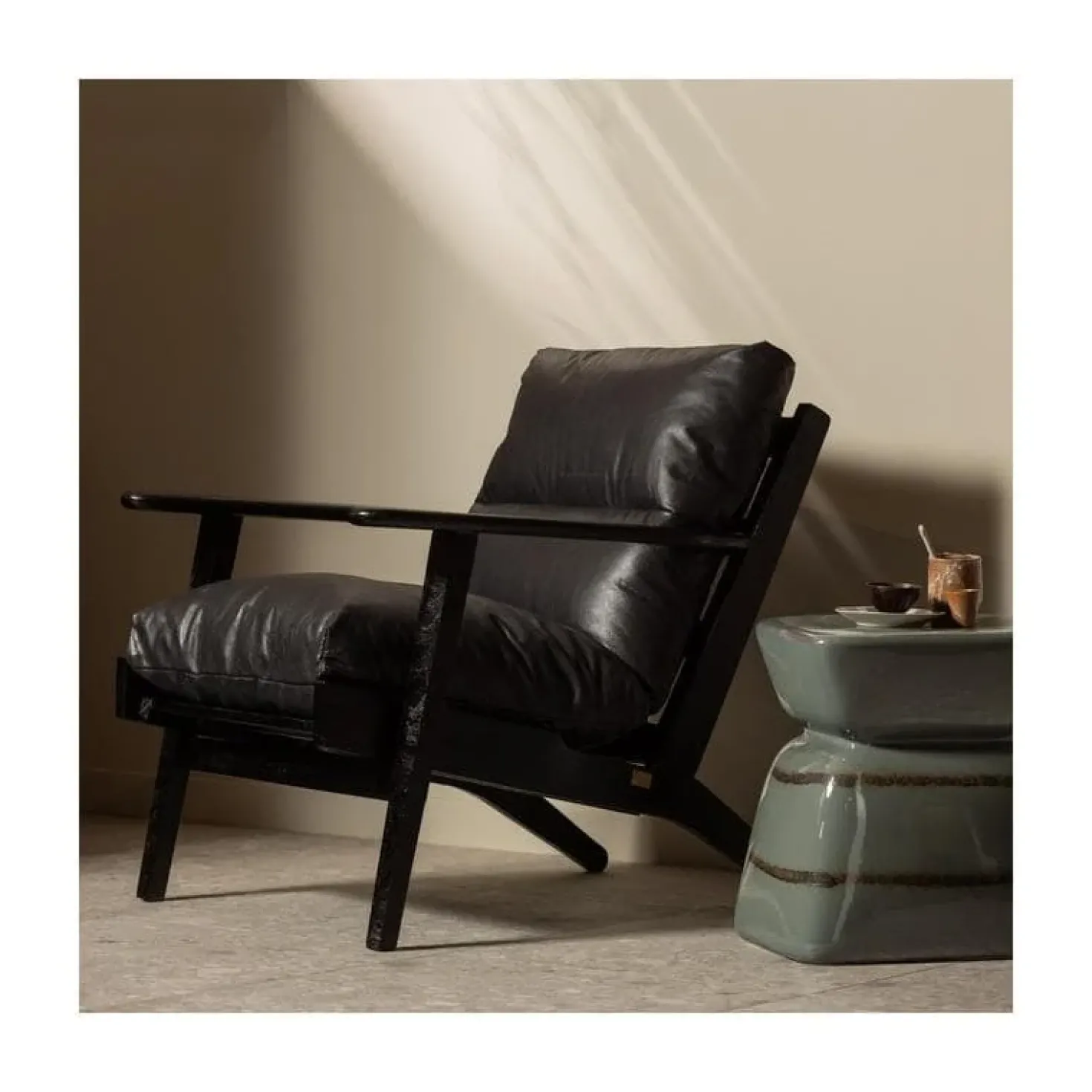 Houston Fauteuil leer/hout zwart
