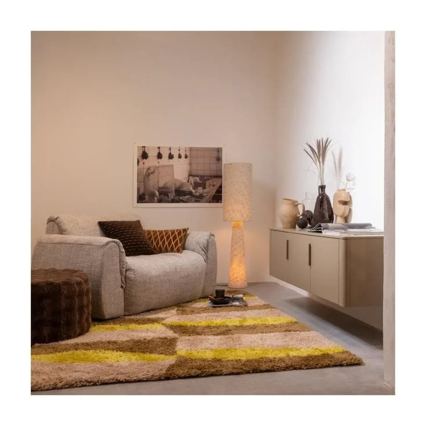 Loft 2-lichts Vloerlamp metaal/bouclé naturel met stippen