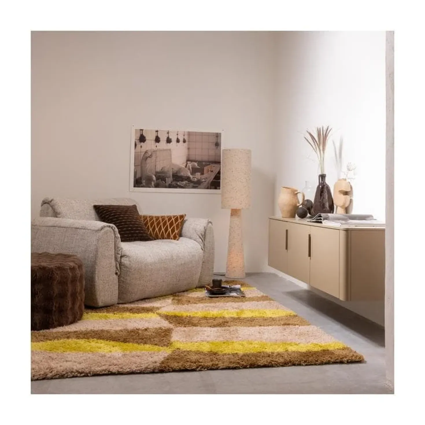 Loft 2-lichts Vloerlamp metaal/bouclé naturel met stippen