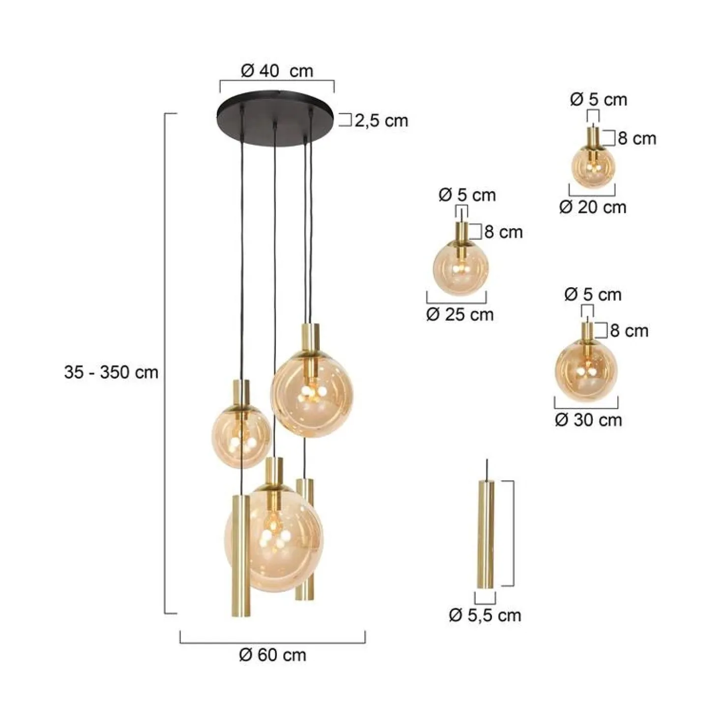 Maya 3+2 lichts Hanglamp Getrapt Amber