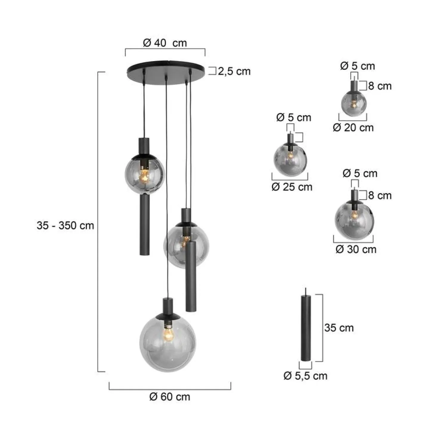 Maya 3+2 lichts Hanglamp Getrapt Smoke