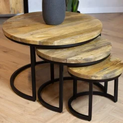Morada salontafel industrieel mangohout naturel rond set van 3