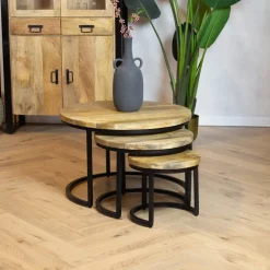 Morada salontafel industrieel mangohout naturel rond set van 3