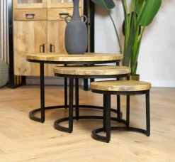 Morada salontafel industrieel mangohout naturel rond set van 3