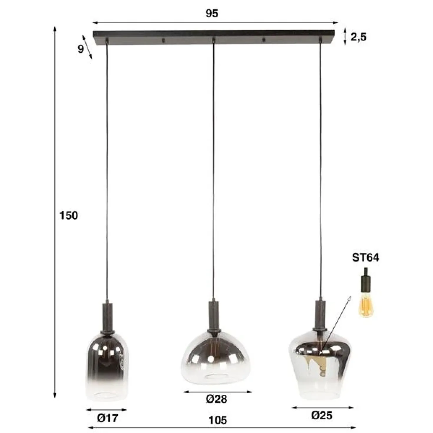 Noah 3-lichts Hanglamp Smoke