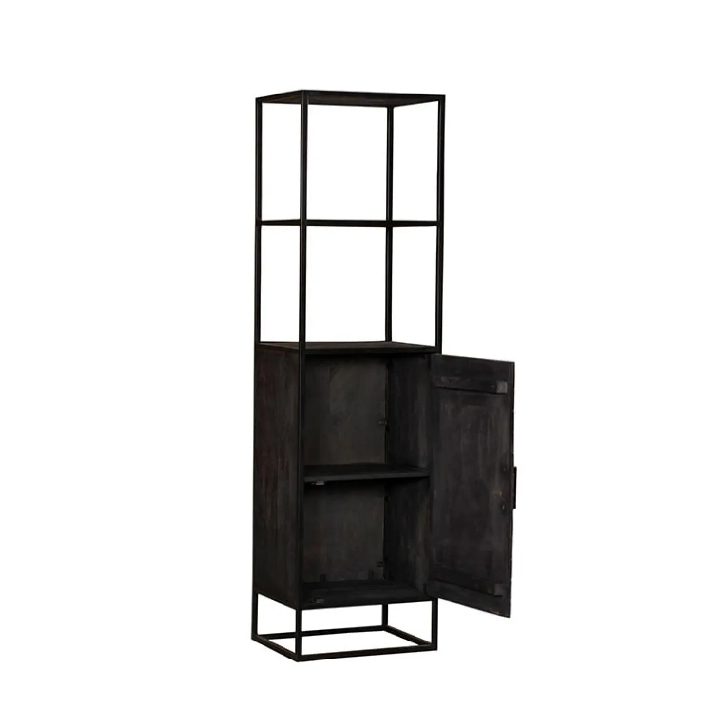 Scandi boekenkast industrieel mangohout visgraat zwart 1- deur 55cm