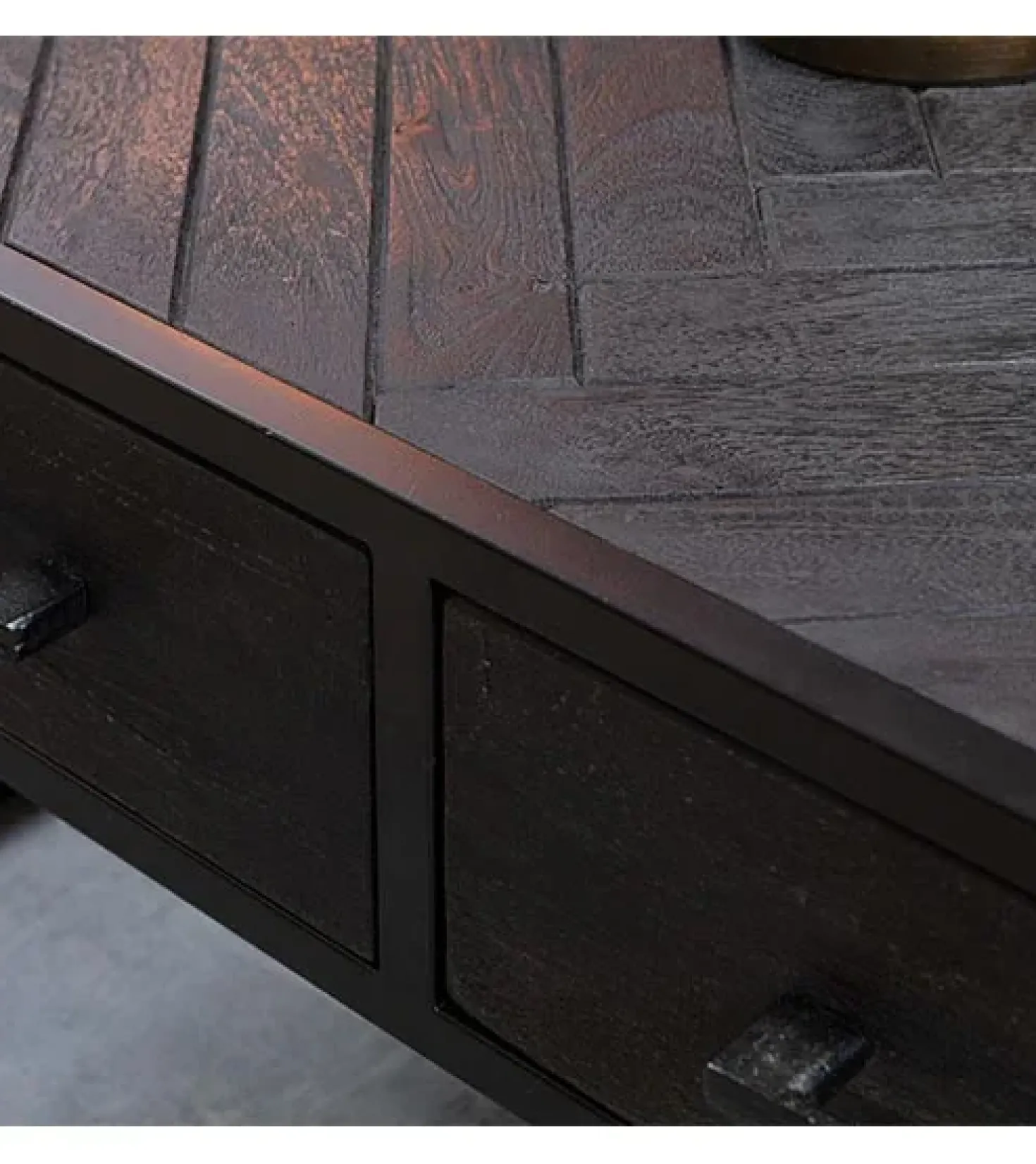 Scandi salontafel industrieel mangohout visgraat zwart 4 lades