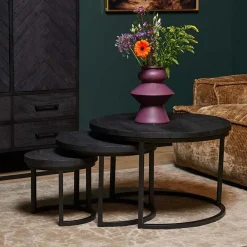 Scandi salontafel mangohout rond zwart set van 3
