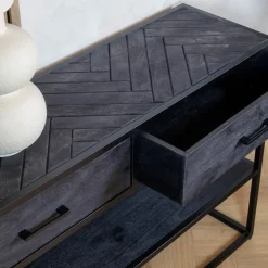 Scandi sidetable mangohout 2-lades 120cm zwart visgraat