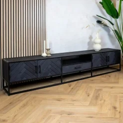 Scandi tv meubel industrieel mangohout visgraat zwart 180cm