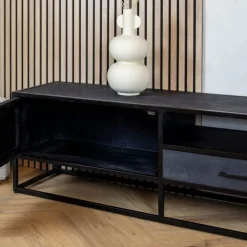 Scandi tv meubel industrieel mangohout visgraat zwart 180cm