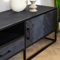 Scandi tv meubel industrieel mangohout visgraat zwart 210cm