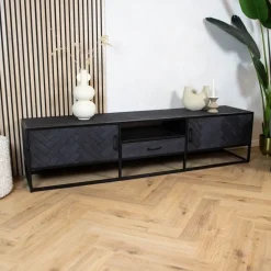 Scandi tv meubel industrieel mangohout visgraat zwart 165cm