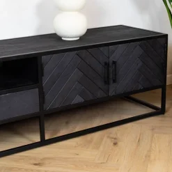 Scandi tv meubel industrieel mangohout visgraat zwart 240cm