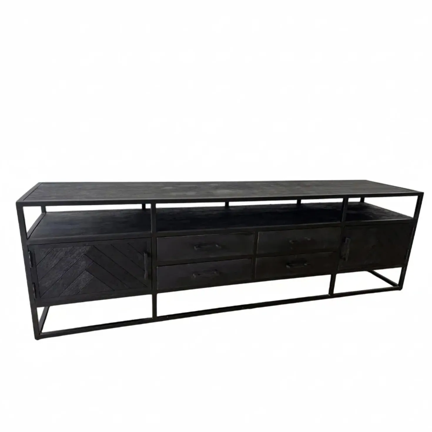Scandi tv meubel visgraat zwart 200cm 2 deuren 4 lades