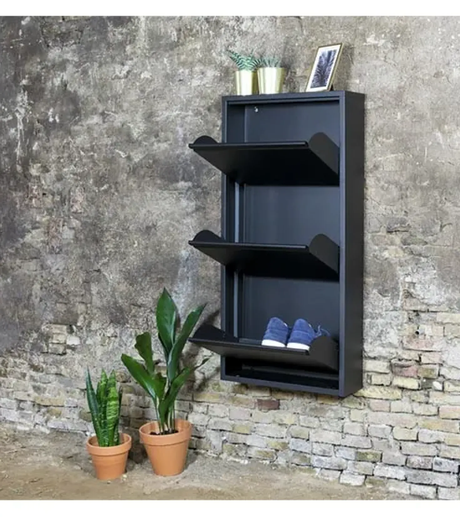 Schoenenkast industrieel Pippen (3 lades) – Zwart metaal