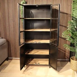 Smalle vitrinekast Garcia industrieel zwart hout 80cm