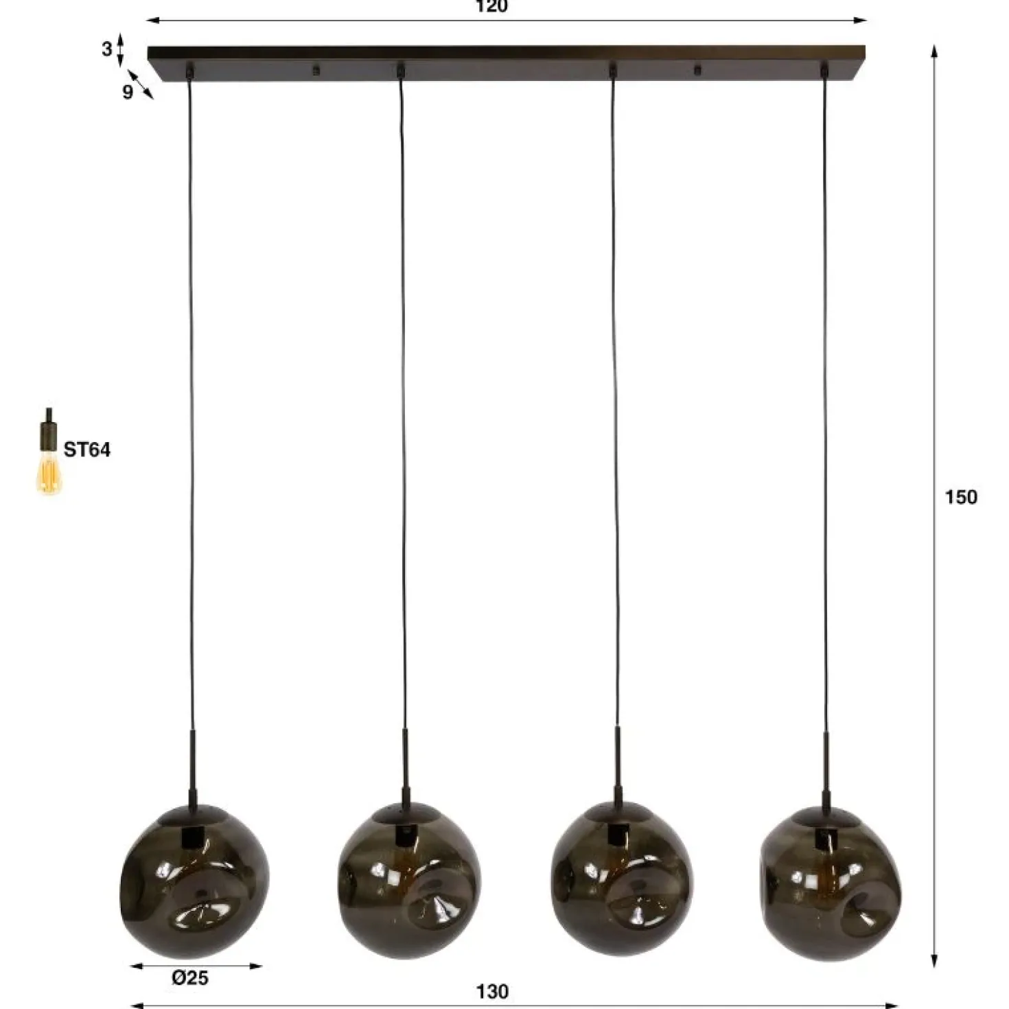 Solaro 4-lichts Hanglamp Bruin glas