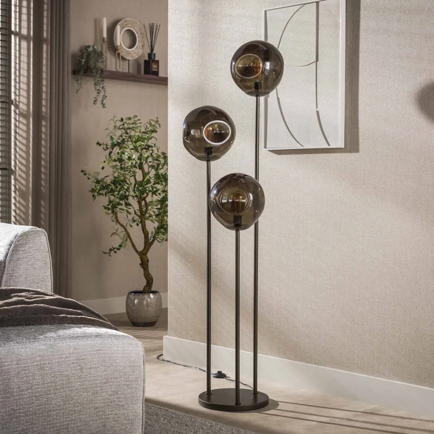 Solaro 3-lichts Vloerlamp Getrapt Bruin glas