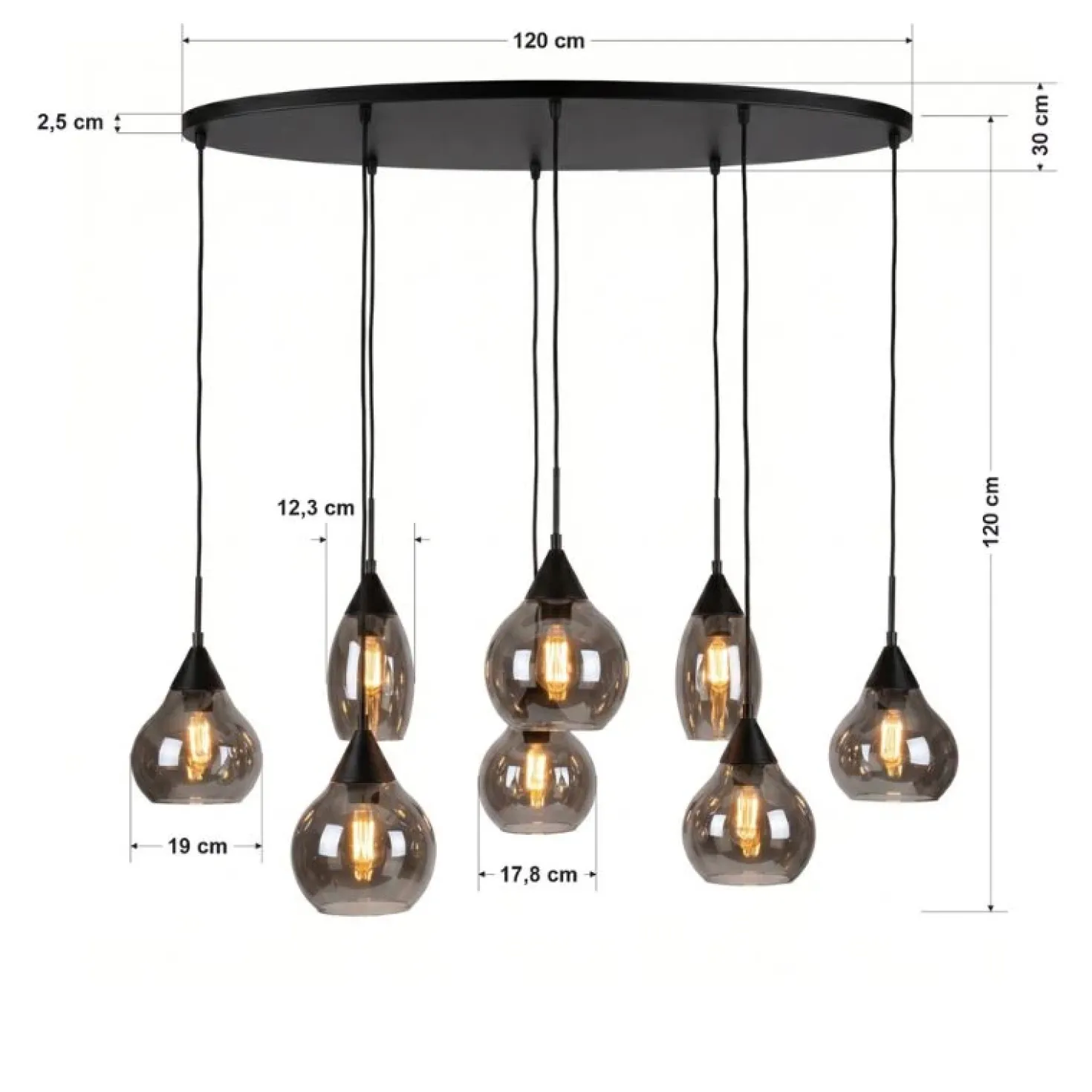 Spix Hanglamp 8-lichts ovaal smoke glas
