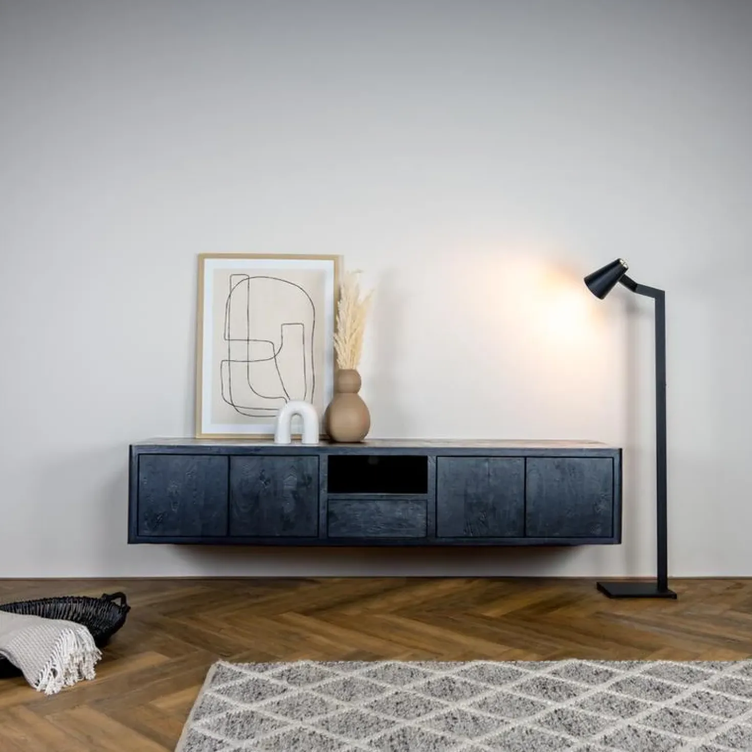 Tenna Zwevend Tv meubel zwart mangohout 200cm