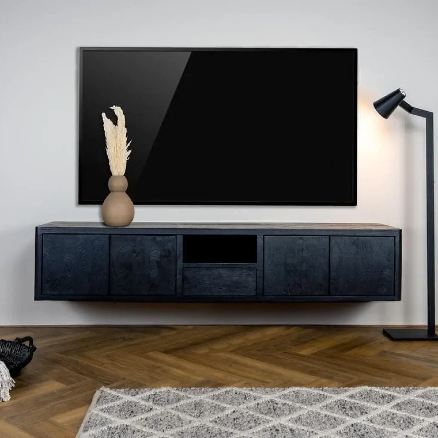 Tenna Zwevend Tv meubel zwart mangohout 200cm