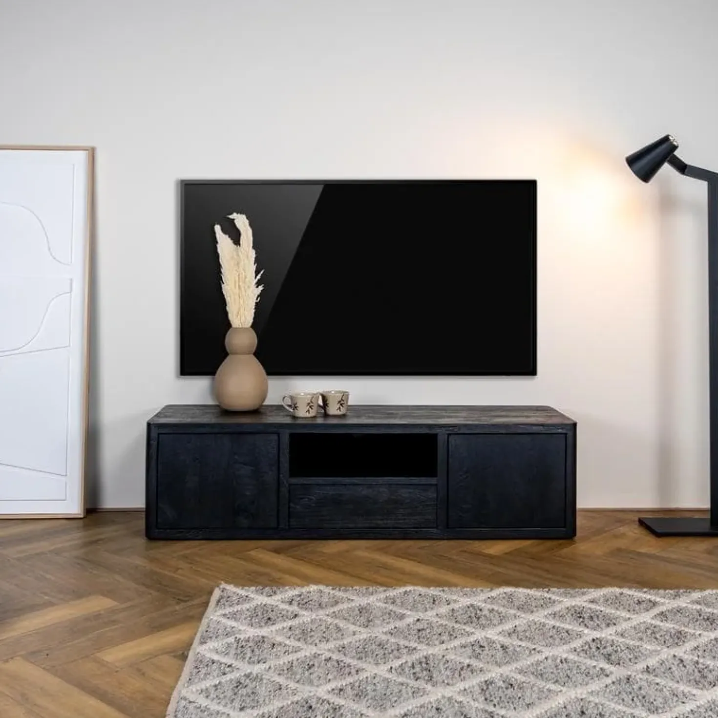 Tenna Zwevend Tv meubel zwart mangohout 150cm