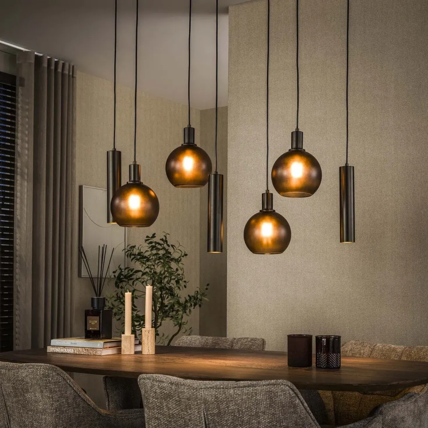 Tessio 7-lichts Hanglamp bruin-frosted