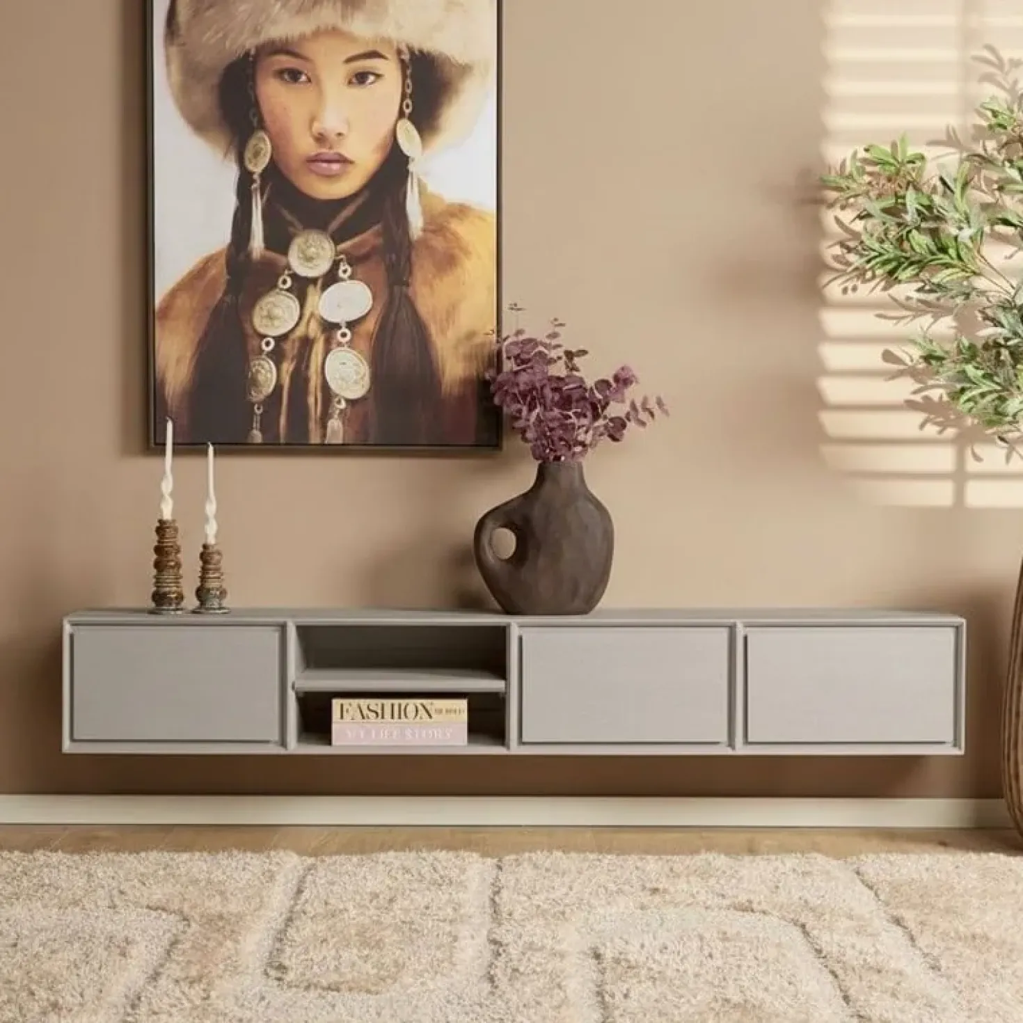 Tony Zwevend Tv meubel Taupe Mangohout 200 cm