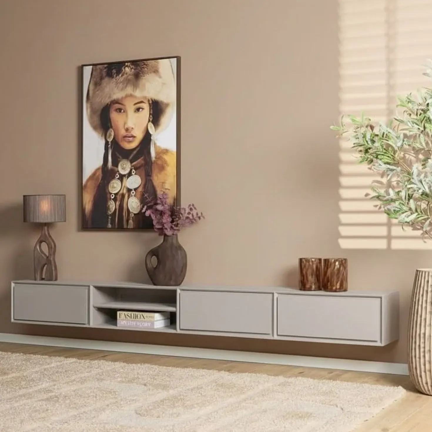 Tony Zwevend Tv meubel Taupe Mangohout 240 cm