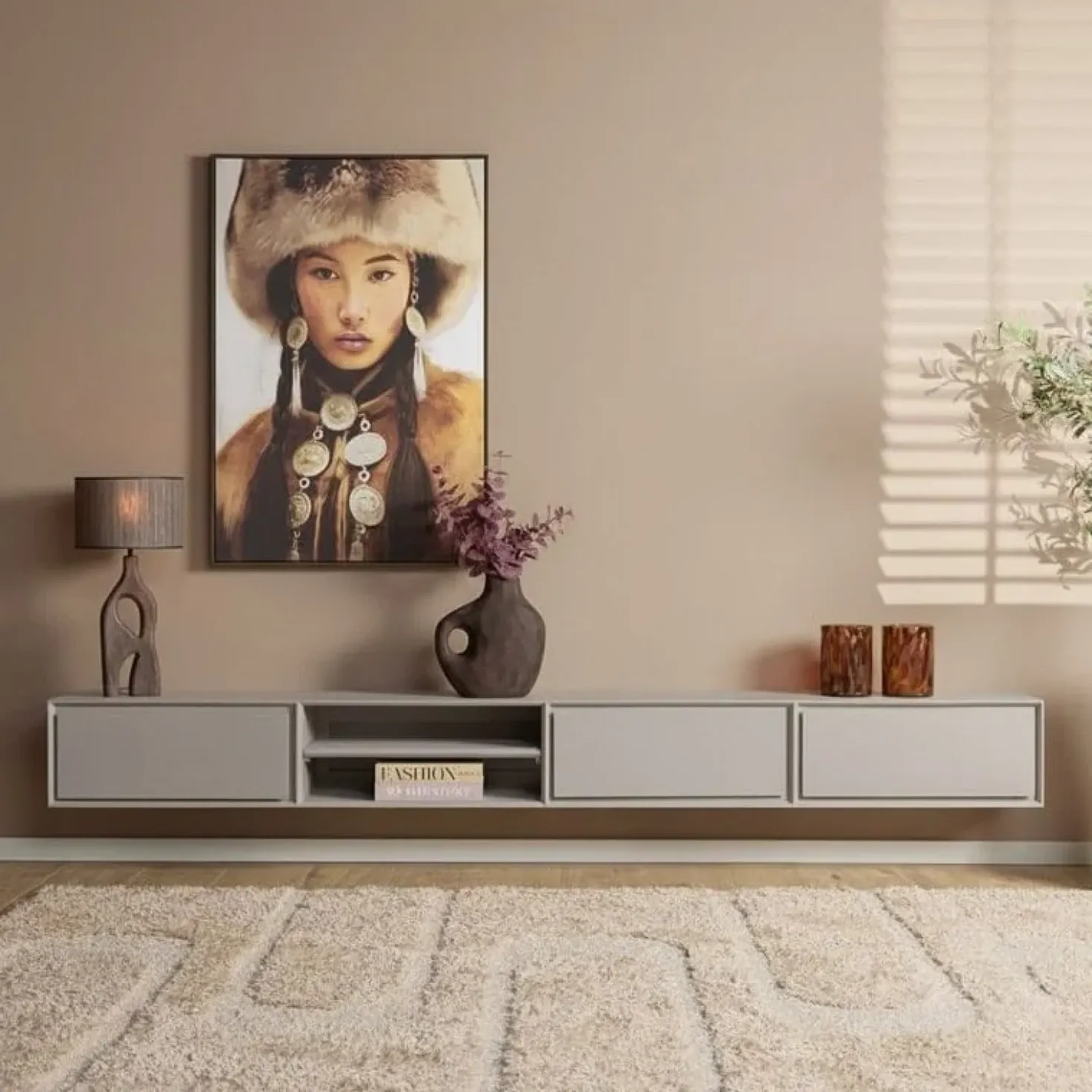 Tony Zwevend Tv meubel Taupe Mangohout 240 cm